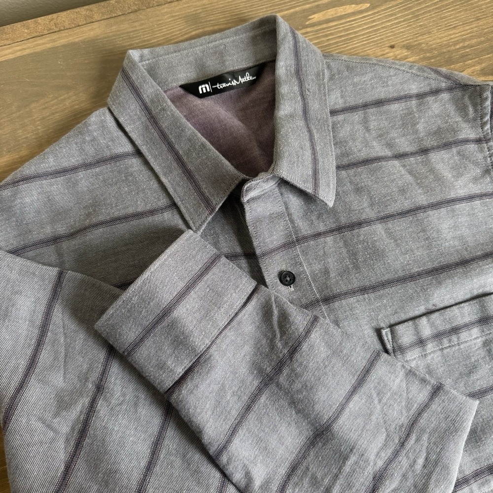 Travis Mathew Men's Medium Grey Striped Long Sleeve Button Up Shirt Collar Top